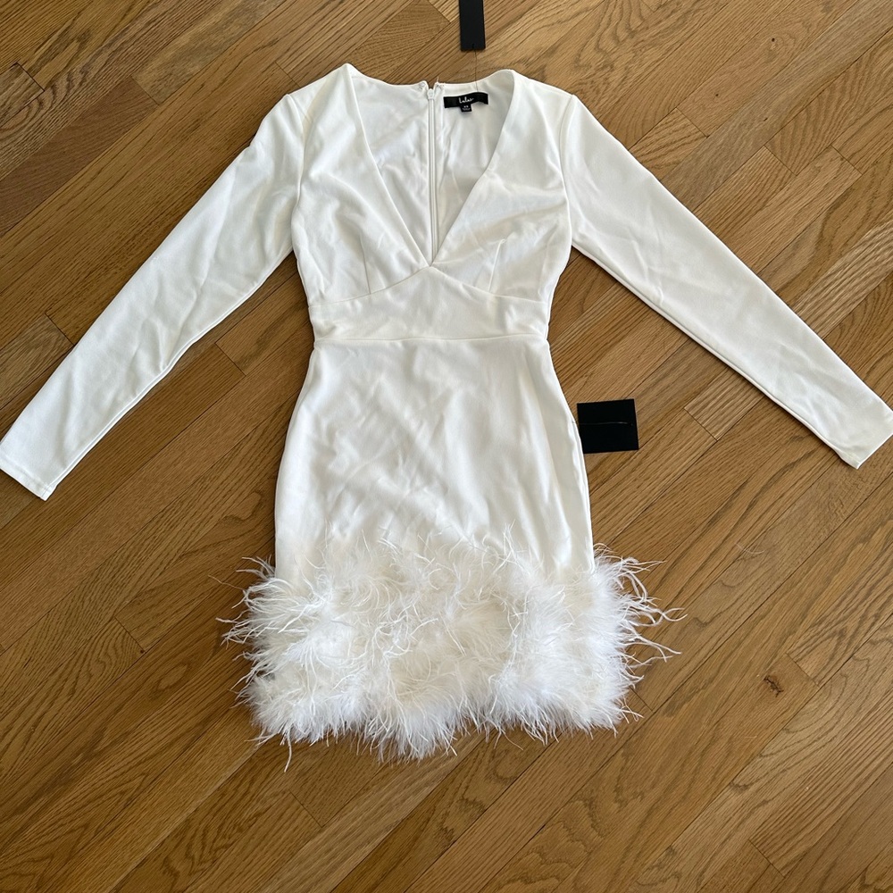 Enthusiastic Charm White Long Sleeve Feather Bodycon Mini Dress (size XS)